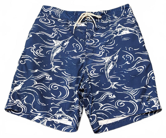 Vintage Nautica Navy Blue Marlin Fish Swim Shorts Preppy Coastal Trunks W32