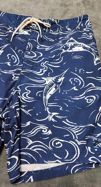 Vintage Nautica Navy Blue Marlin Fish Swim Shorts Preppy Coastal Trunks W32