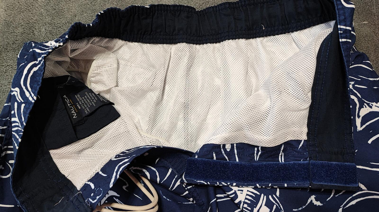 Vintage Nautica Navy Blue Marlin Fish Swim Shorts Preppy Coastal Trunks W32