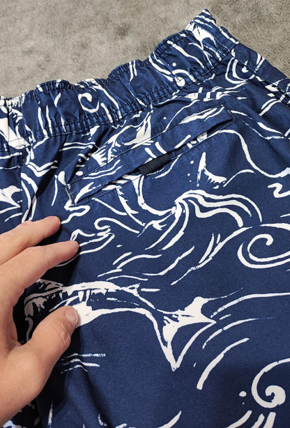 Vintage Nautica Navy Blue Marlin Fish Swim Shorts Preppy Coastal Trunks W32