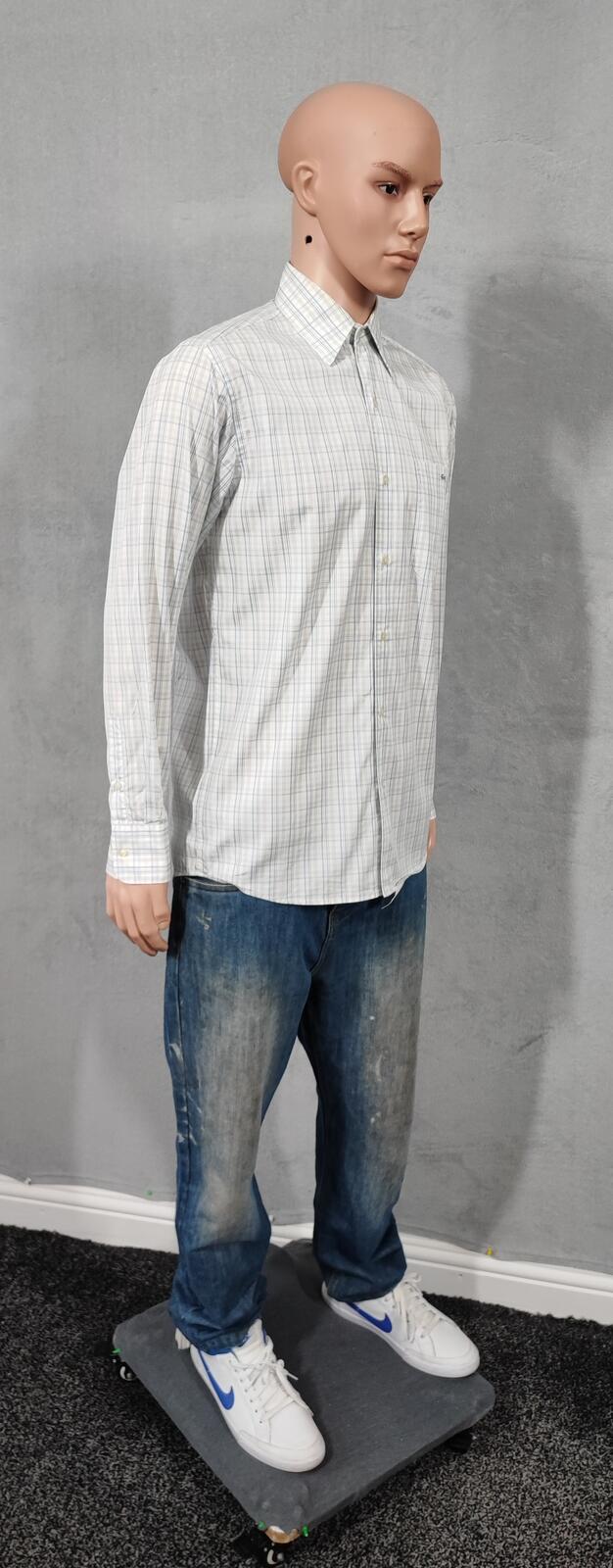 Vintage Lacoste Made in France Checked Long Sleeve Shirt Blue White Men's Size M