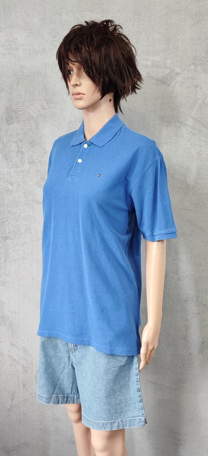 Vintage Tommy Hilfiger Embroidered Logo Polo Shirt Faded Blue Retro 90s Size L