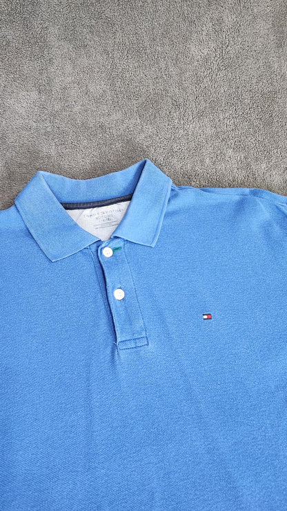 Vintage Tommy Hilfiger Embroidered Logo Polo Shirt Faded Blue Retro 90s Size L