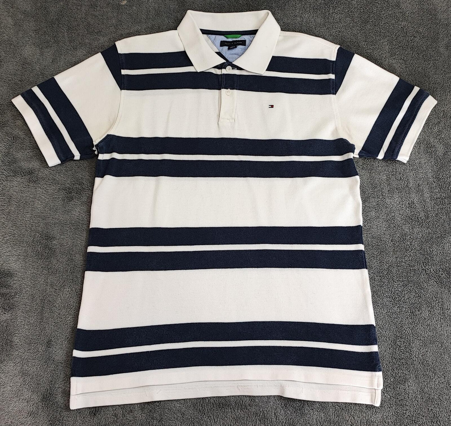 Vintage Tommy Hilfiger Embroidered Stripe Polo Shirt Navy White Retro 90s Size M