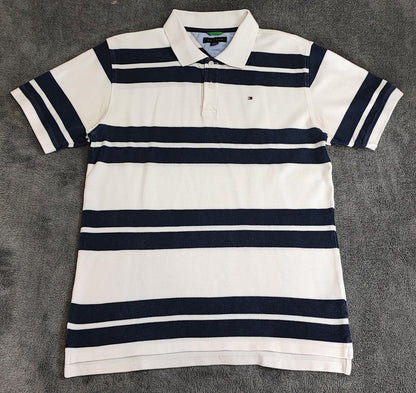 Vintage Tommy Hilfiger Embroidered Stripe Polo Shirt Navy White Retro 90s Size M