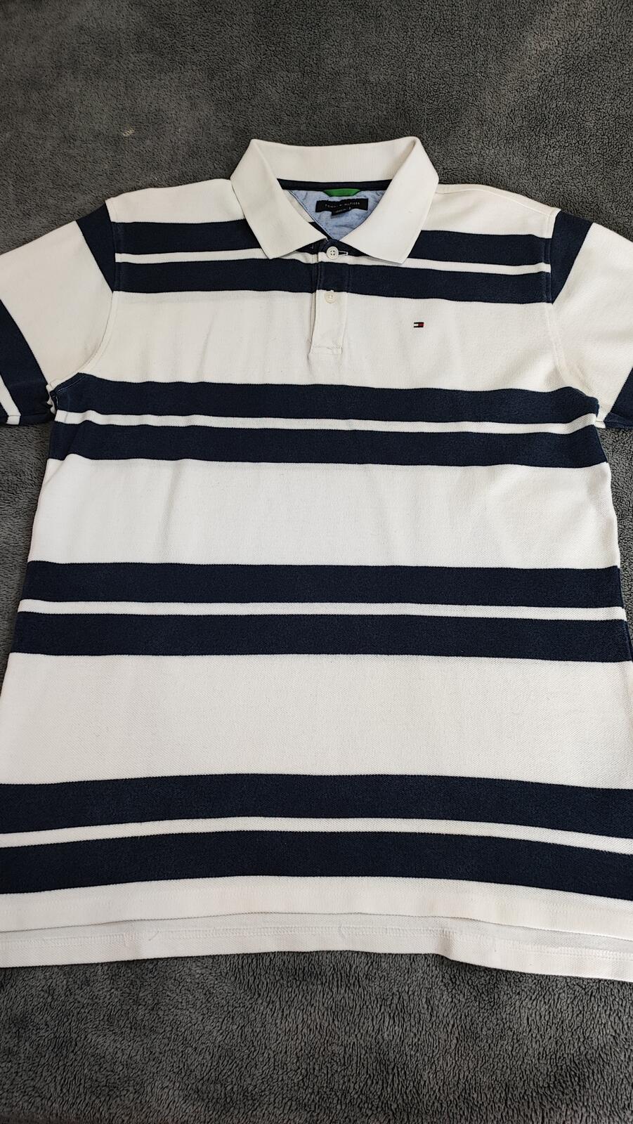 Vintage Tommy Hilfiger Embroidered Stripe Polo Shirt Navy White Retro 90s Size M