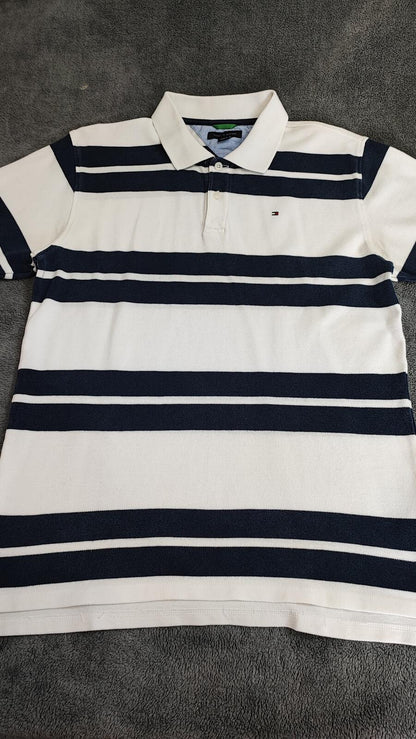 Vintage Tommy Hilfiger Embroidered Stripe Polo Shirt Navy White Retro 90s Size M