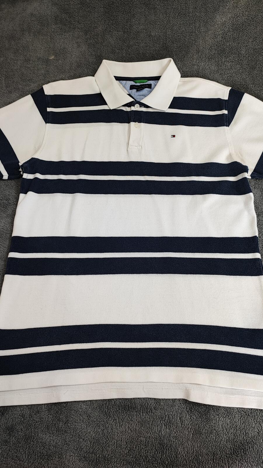 Vintage Tommy Hilfiger Embroidered Stripe Polo Shirt Navy White Retro 90s Size M