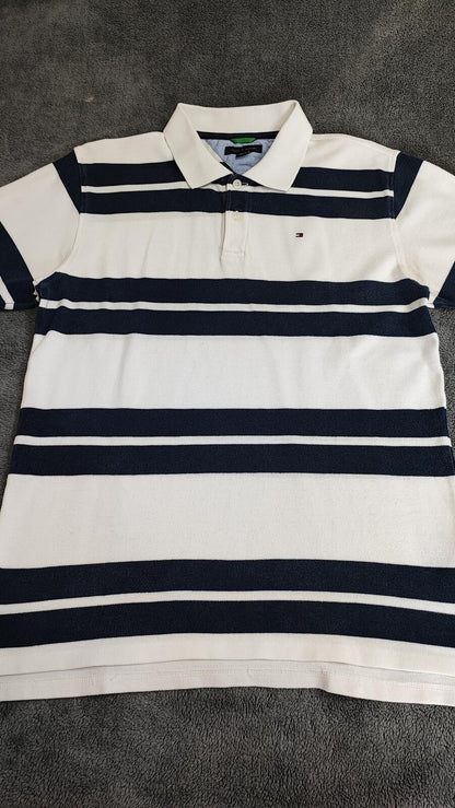 Vintage Tommy Hilfiger Embroidered Stripe Polo Shirt Navy White Retro 90s Size M