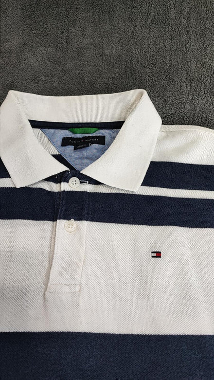 Vintage Tommy Hilfiger Embroidered Stripe Polo Shirt Navy White Retro 90s Size M