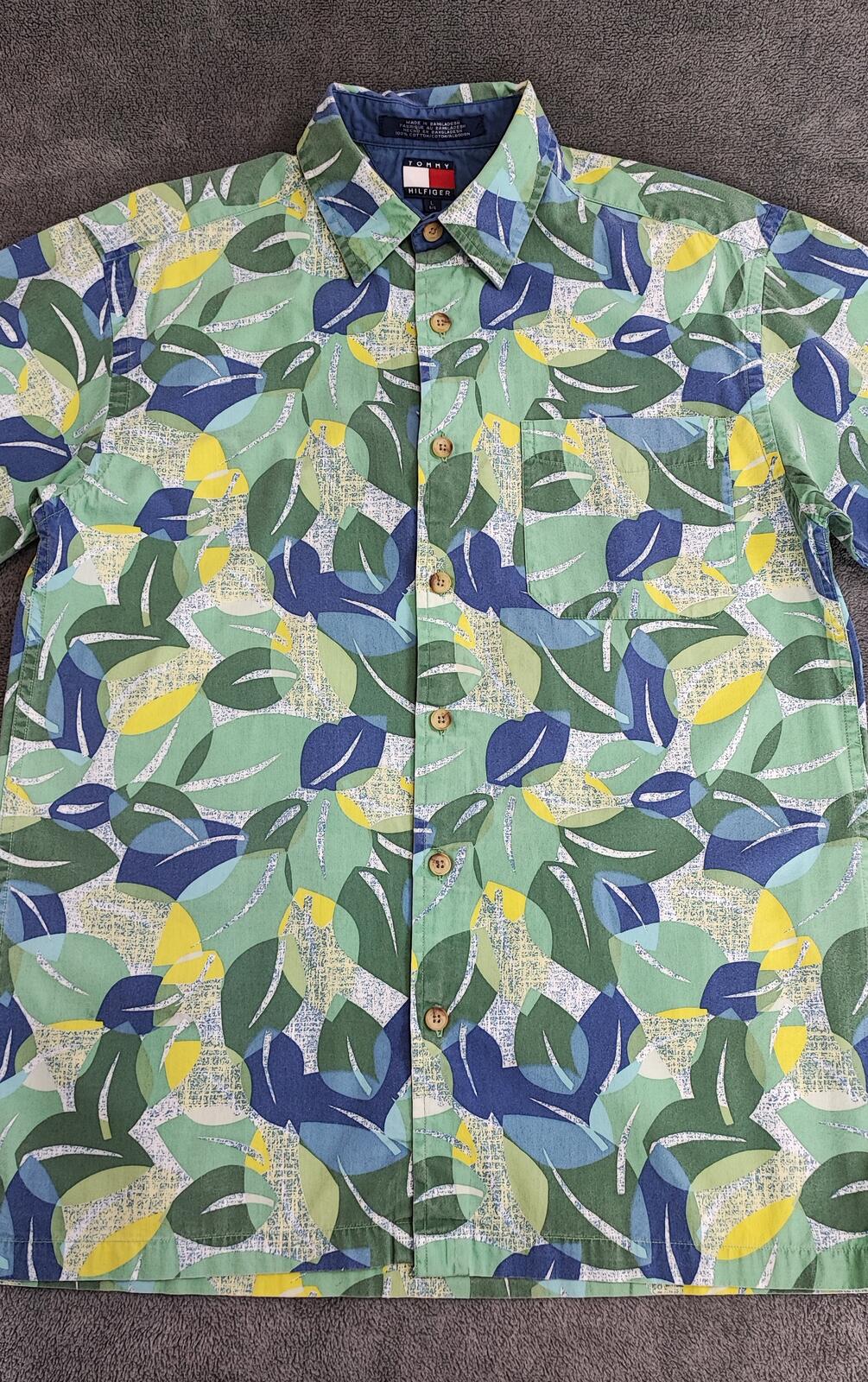 Vintage Tommy Hilfiger Tropical Short Sleeve Shirt Green Multicolour Medium