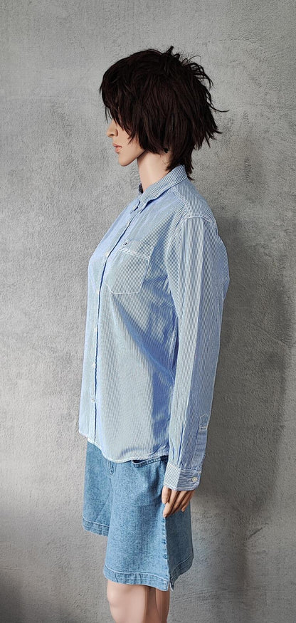 Vintage Tommy Hilfiger Striped Long Sleeve Shirt Blue White Classic Preppy M