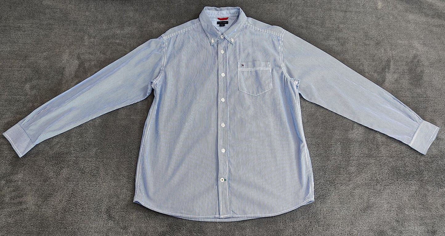 Vintage Tommy Hilfiger Striped Long Sleeve Shirt Blue White Classic Preppy M
