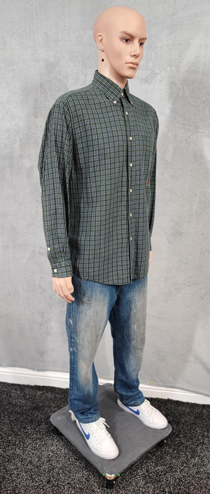 Vintage Tommy Hilfiger Crest Checked Long Sleeve Shirt Green Navy Men's Size L