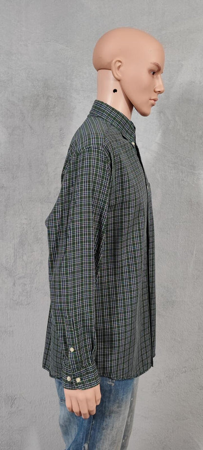 Vintage Tommy Hilfiger Crest Checked Long Sleeve Shirt Green Navy Men's Size L