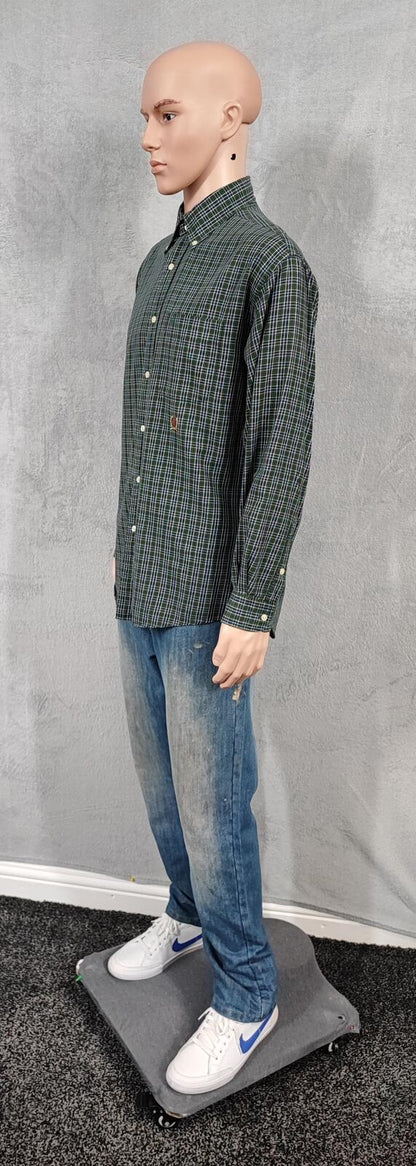 Vintage Tommy Hilfiger Crest Checked Long Sleeve Shirt Green Navy Men's Size L