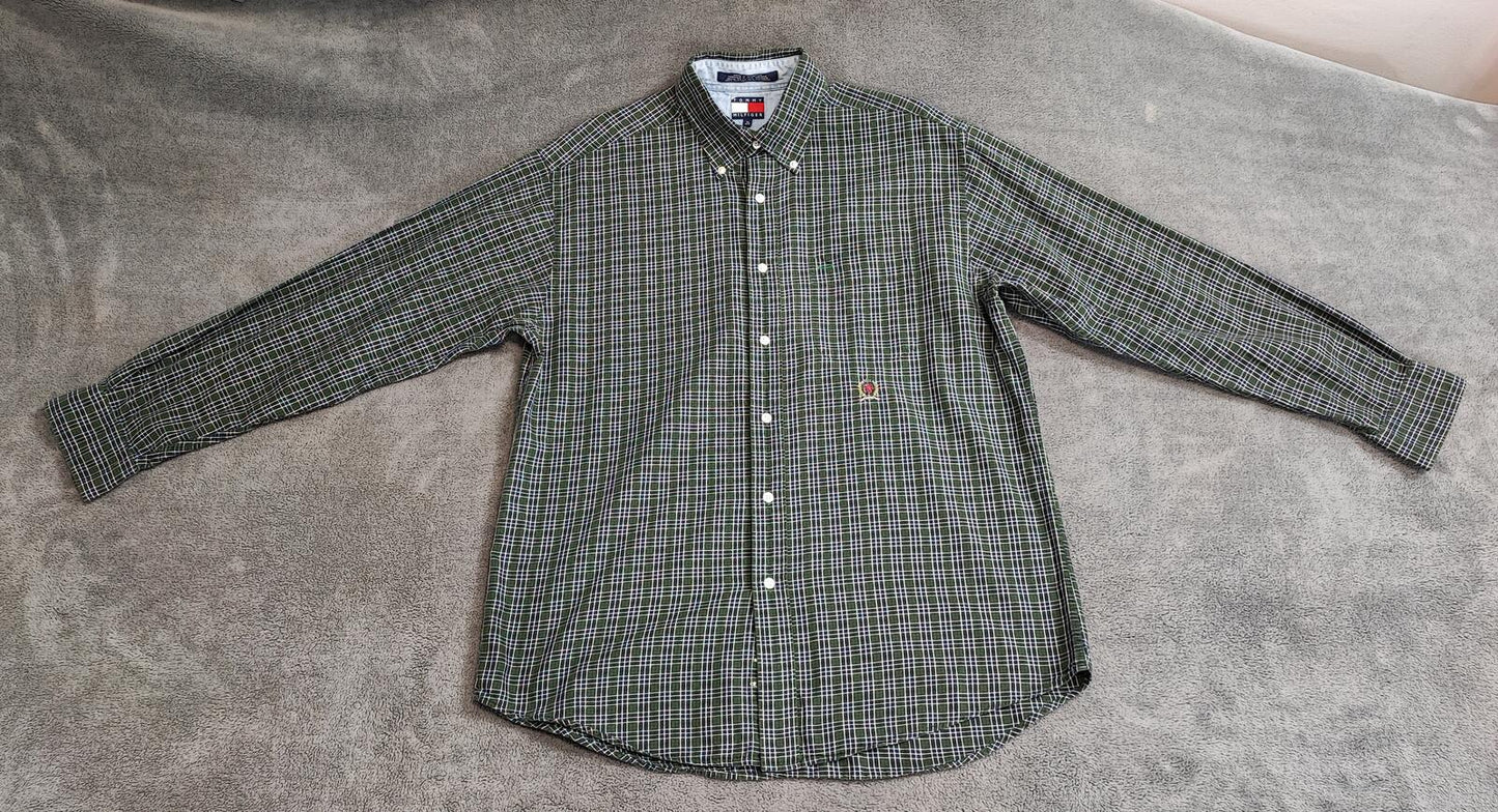 Vintage Tommy Hilfiger Crest Checked Long Sleeve Shirt Green Navy Men's Size L
