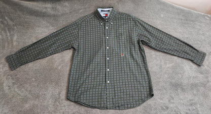 Vintage Tommy Hilfiger Crest Checked Long Sleeve Shirt Green Navy Men's Size L