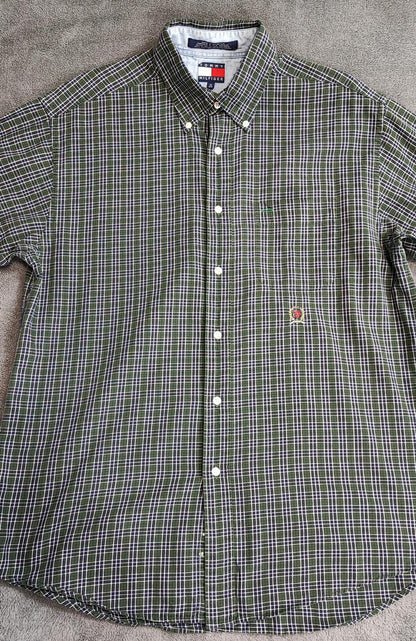 Vintage Tommy Hilfiger Crest Checked Long Sleeve Shirt Green Navy Men's Size L
