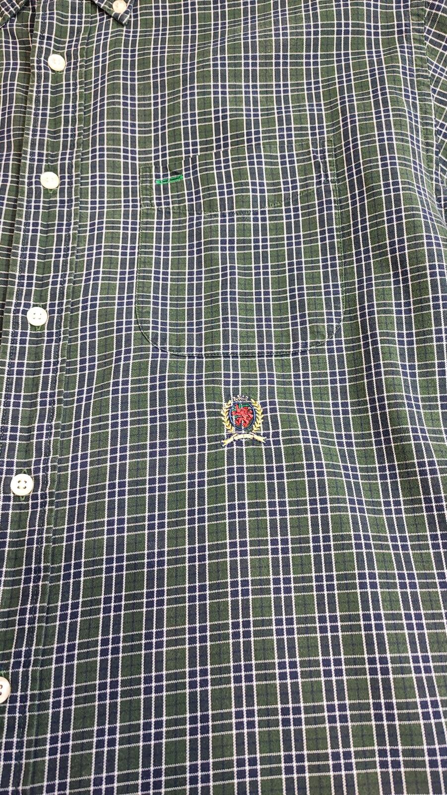 Vintage Tommy Hilfiger Crest Checked Long Sleeve Shirt Green Navy Men's Size L