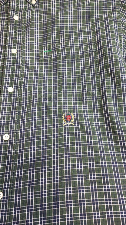 Vintage Tommy Hilfiger Crest Checked Long Sleeve Shirt Green Navy Men's Size L