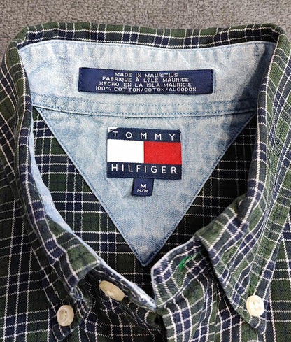 Vintage Tommy Hilfiger Crest Checked Long Sleeve Shirt Green Navy Men's Size L