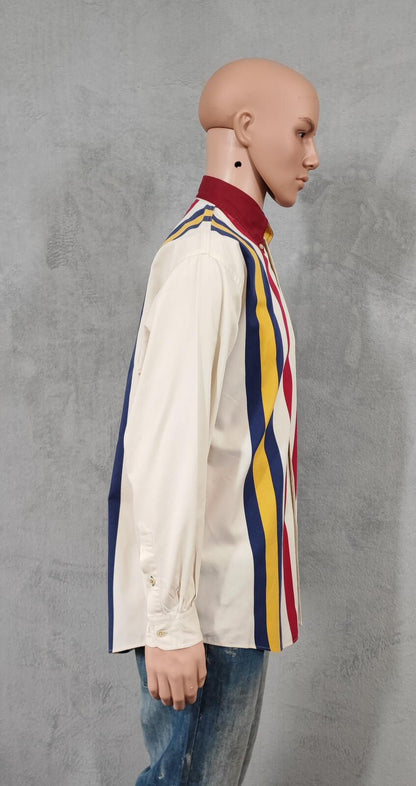 Vintage Tommy Hilfiger Striped Shirt XL Cream Red Blue Cotton 90s Y2K Oversized