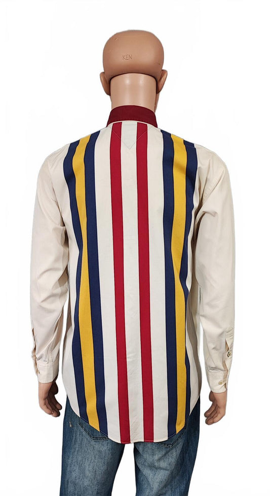 Vintage Tommy Hilfiger Striped Shirt XL Cream Red Blue Cotton 90s Y2K Oversized