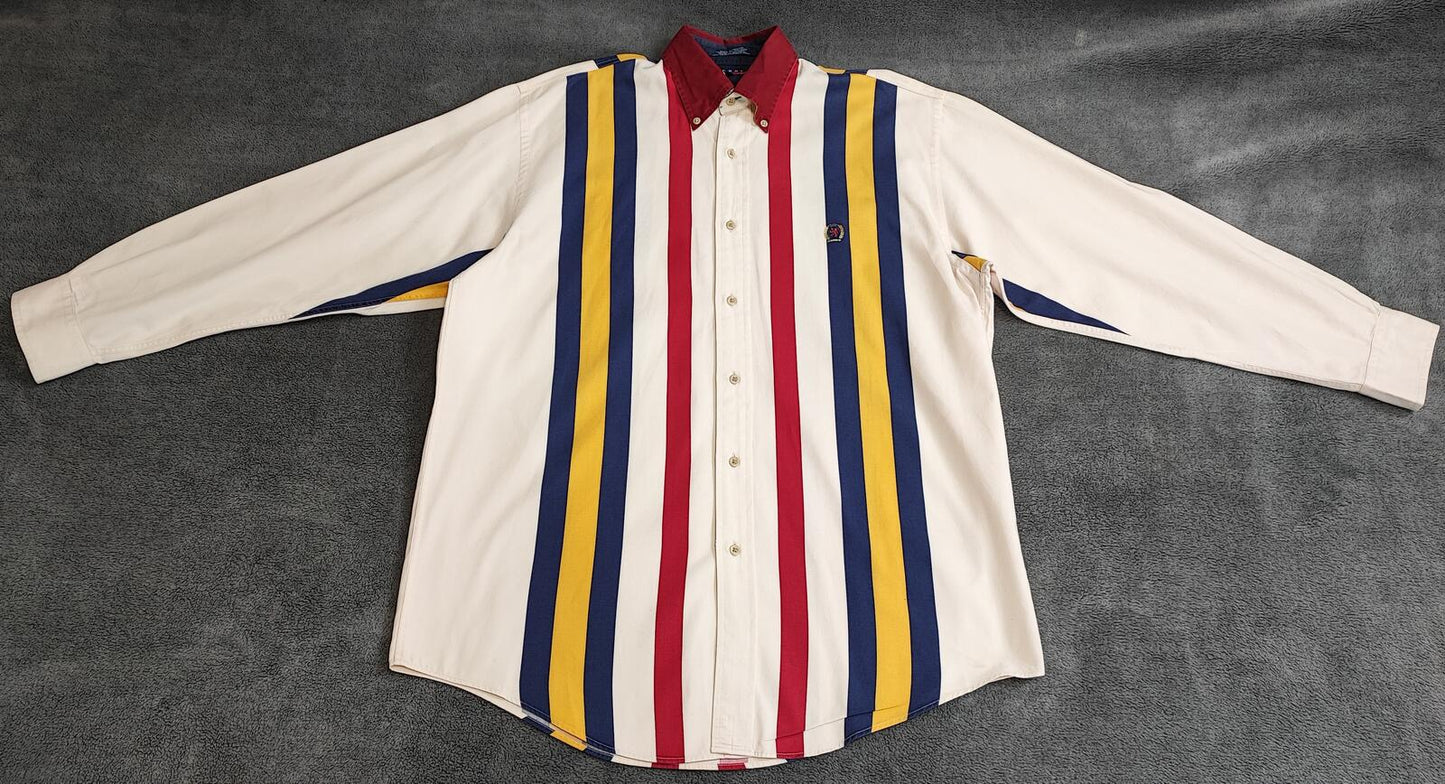 Vintage Tommy Hilfiger Striped Shirt XL Cream Red Blue Cotton 90s Y2K Oversized