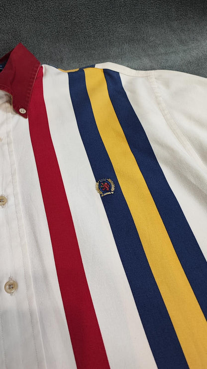 Vintage Tommy Hilfiger Striped Shirt XL Cream Red Blue Cotton 90s Y2K Oversized