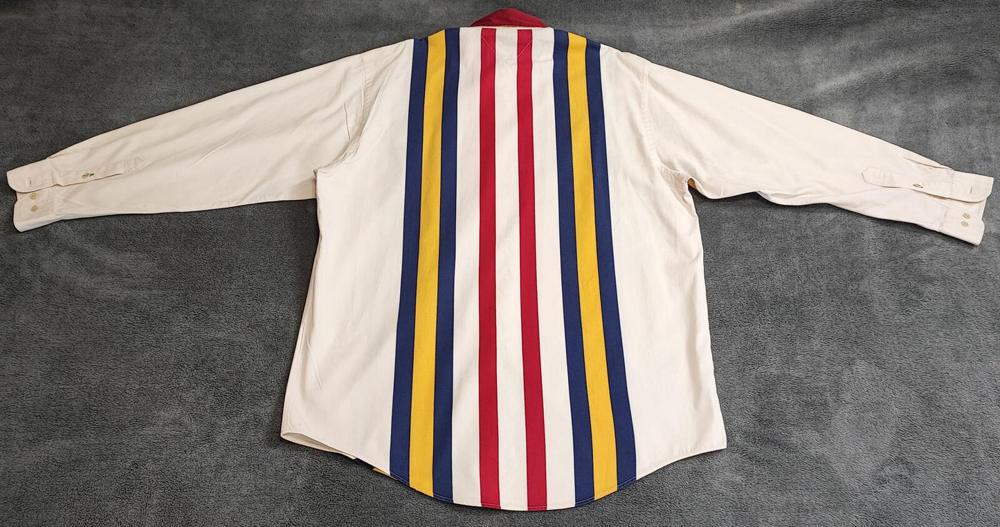 Vintage Tommy Hilfiger Striped Shirt XL Cream Red Blue Cotton 90s Y2K Oversized