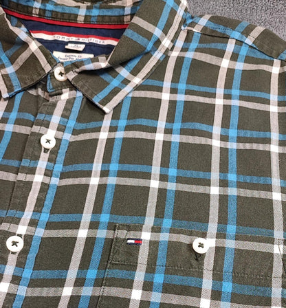Vintage Tommy Hilfiger Checked Shirt XL Green Navy Cotton Long Sleeve Plaid 90s