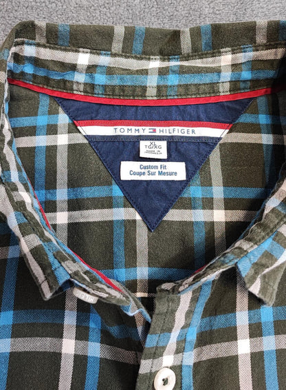 Vintage Tommy Hilfiger Checked Shirt XL Green Navy Cotton Long Sleeve Plaid 90s