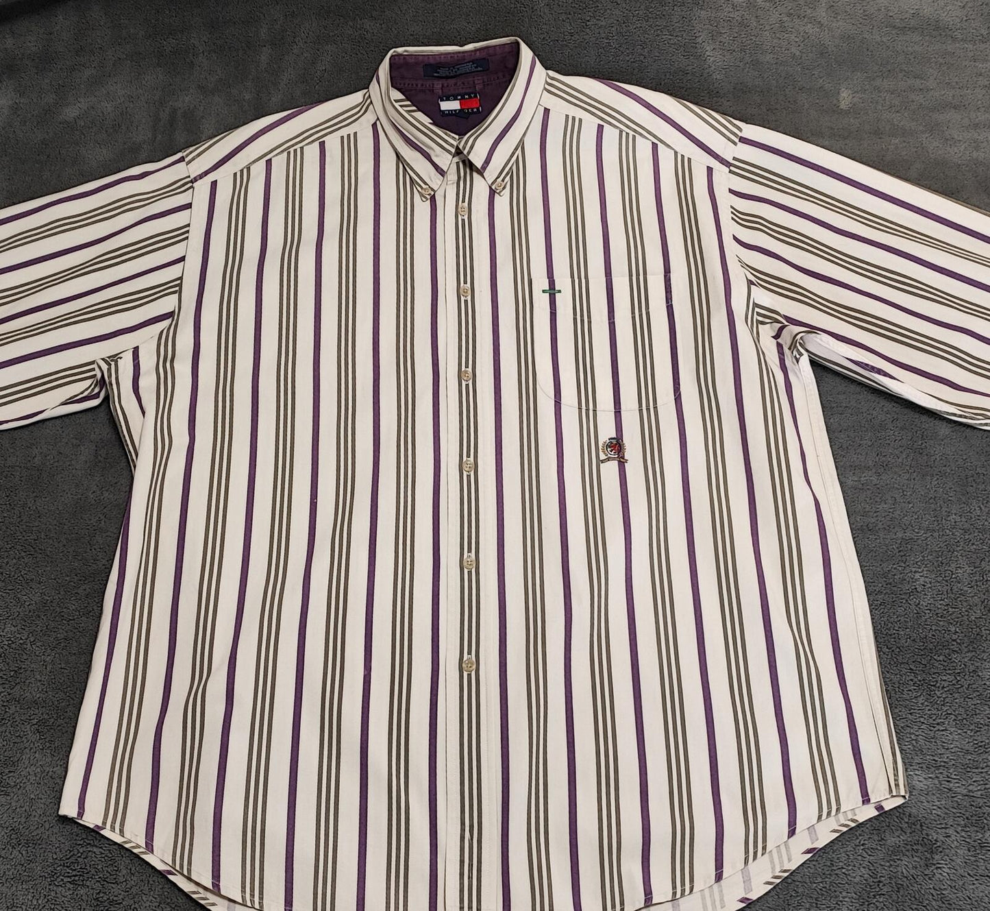 Vintage Tommy Hilfiger Striped Long Sleeve Preppy Shirt Purple Men Size XL