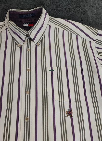Vintage Tommy Hilfiger Striped Long Sleeve Preppy Shirt Purple Men Size XL