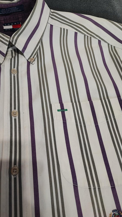 Vintage Tommy Hilfiger Striped Long Sleeve Preppy Shirt Purple Men Size XL