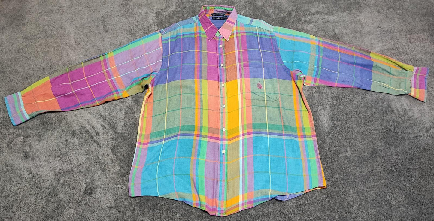Vintage Nautica Checked Long Sleeve Plaid Oversized Streetwear Shirt Blue  XXL