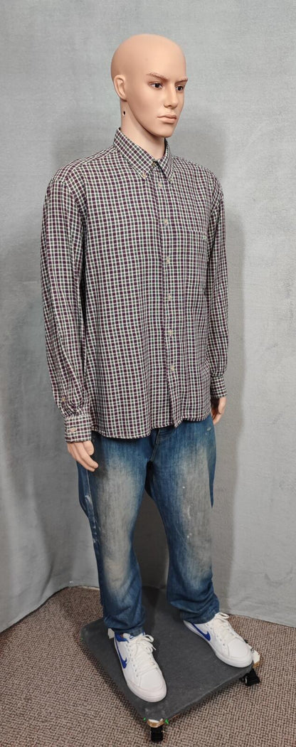 Vintage Lacoste Checked Long Sleeve Shirt Purple Green White Plaid Men Size XL