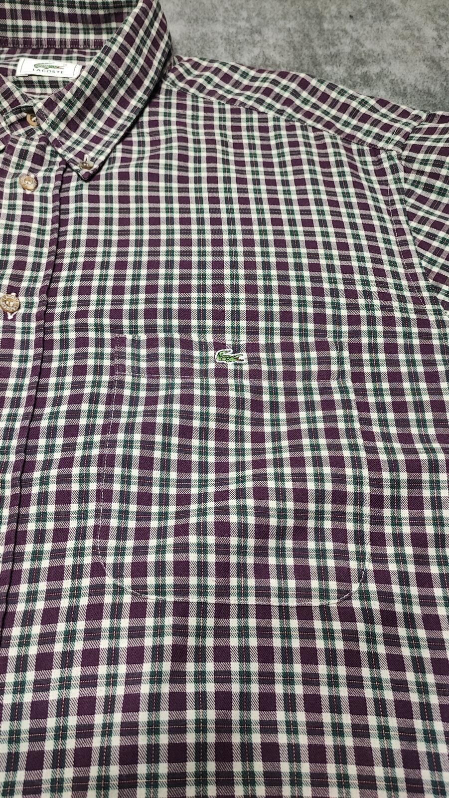 Vintage Lacoste Checked Long Sleeve Shirt Purple Green White Plaid Men Size XL