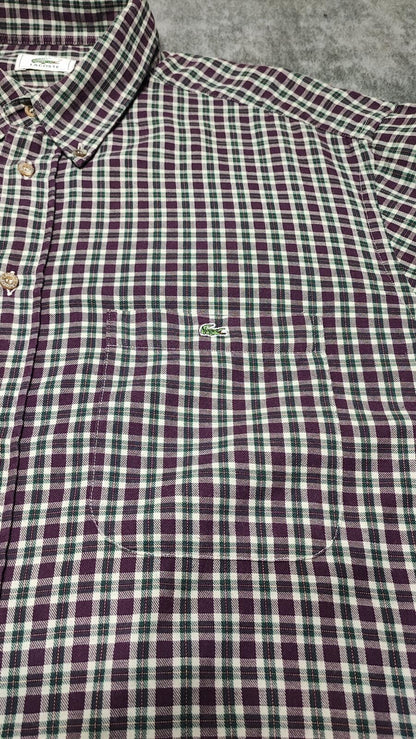 Vintage Lacoste Checked Long Sleeve Shirt Purple Green White Plaid Men Size XL