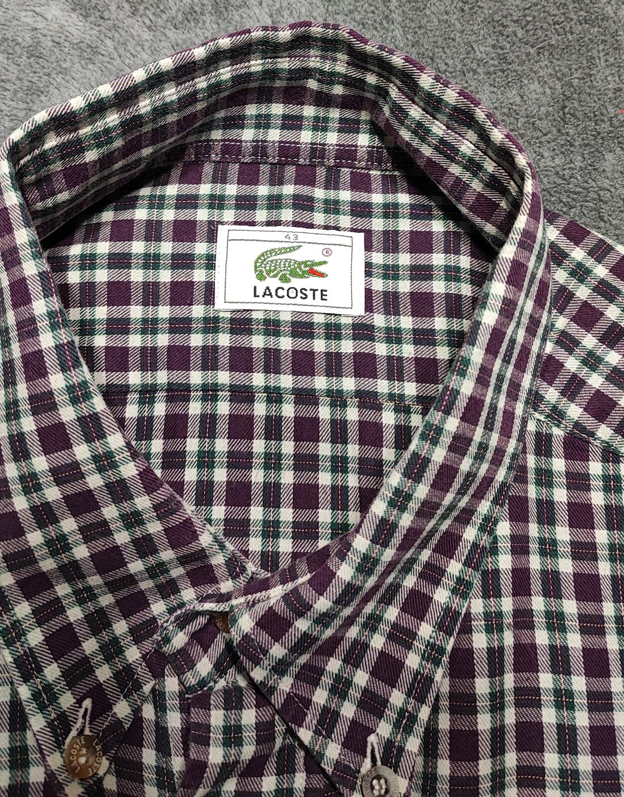 Vintage Lacoste Checked Long Sleeve Shirt Purple Green White Plaid Men Size XL