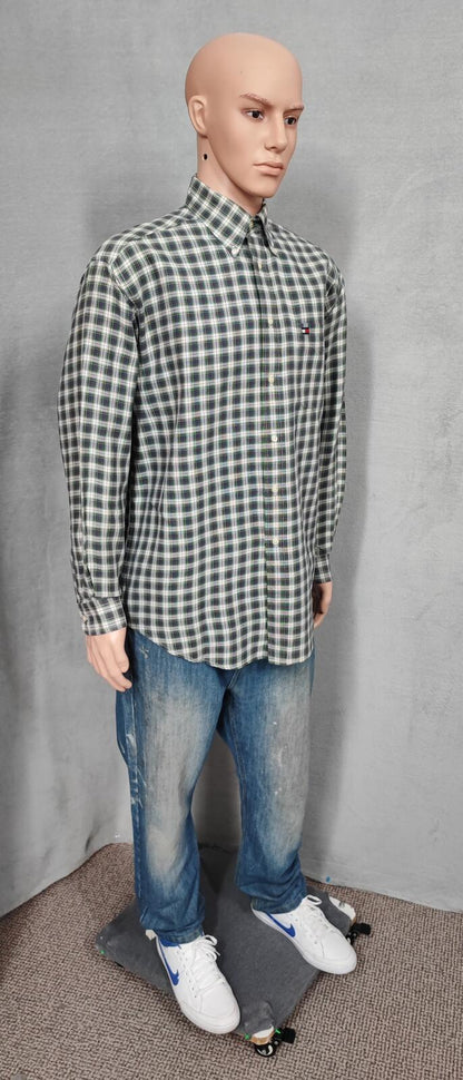 Vintage Tommy Hilfiger Checked Long Sleeve Shirt Green Navy Plaid Men's Size XL