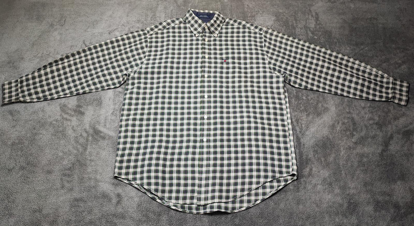 Vintage Tommy Hilfiger Checked Long Sleeve Shirt Green Navy Plaid Men's Size XL