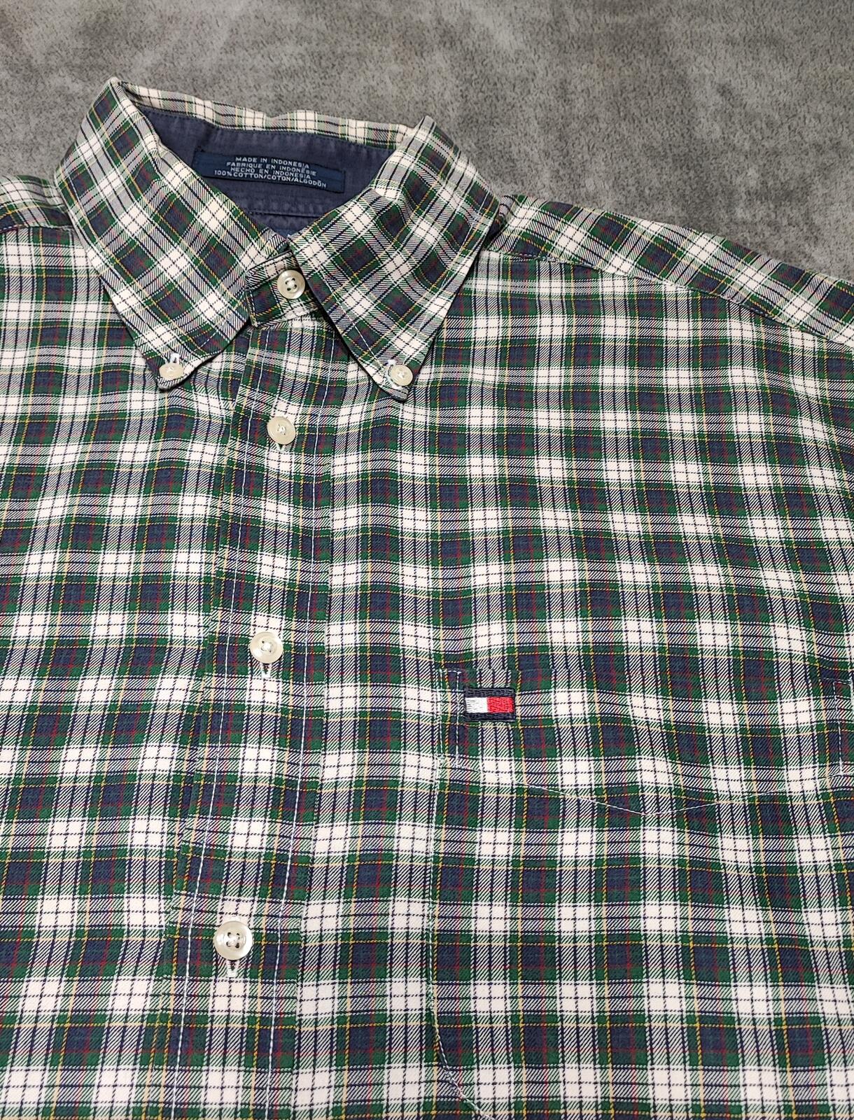 Vintage Tommy Hilfiger Checked Long Sleeve Shirt Green Navy Plaid Men's Size XL