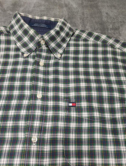 Vintage Tommy Hilfiger Checked Long Sleeve Shirt Green Navy Plaid Men's Size XL
