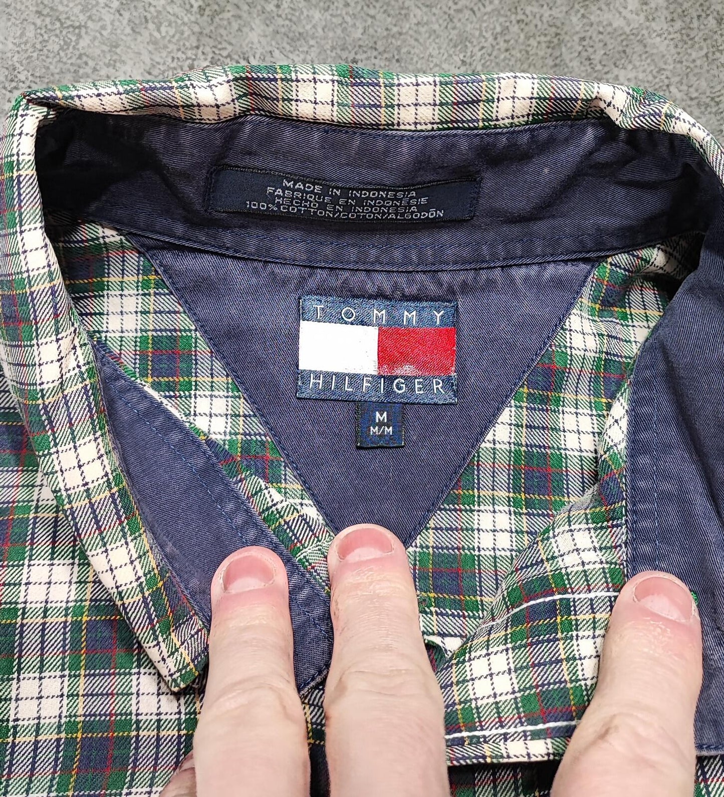 Vintage Tommy Hilfiger Checked Long Sleeve Shirt Green Navy Plaid Men's Size XL