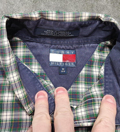 Vintage Tommy Hilfiger Checked Long Sleeve Shirt Green Navy Plaid Men's Size XL