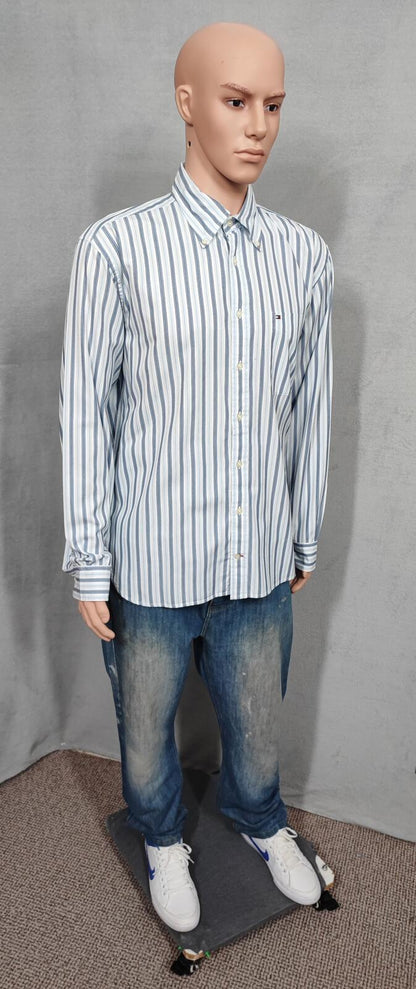 Vintage Tommy Hilfiger Striped Long Sleeve Preppy Shirt Blue Men Size Large