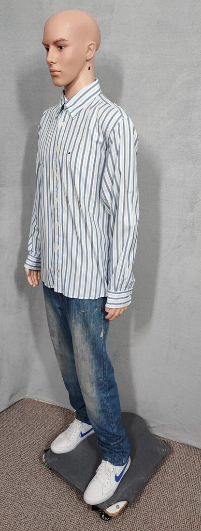 Vintage Tommy Hilfiger Striped Long Sleeve Preppy Shirt Blue Men Size Large