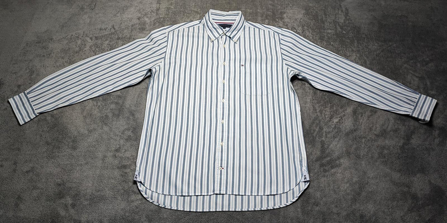 Vintage Tommy Hilfiger Striped Long Sleeve Preppy Shirt Blue Men Size Large